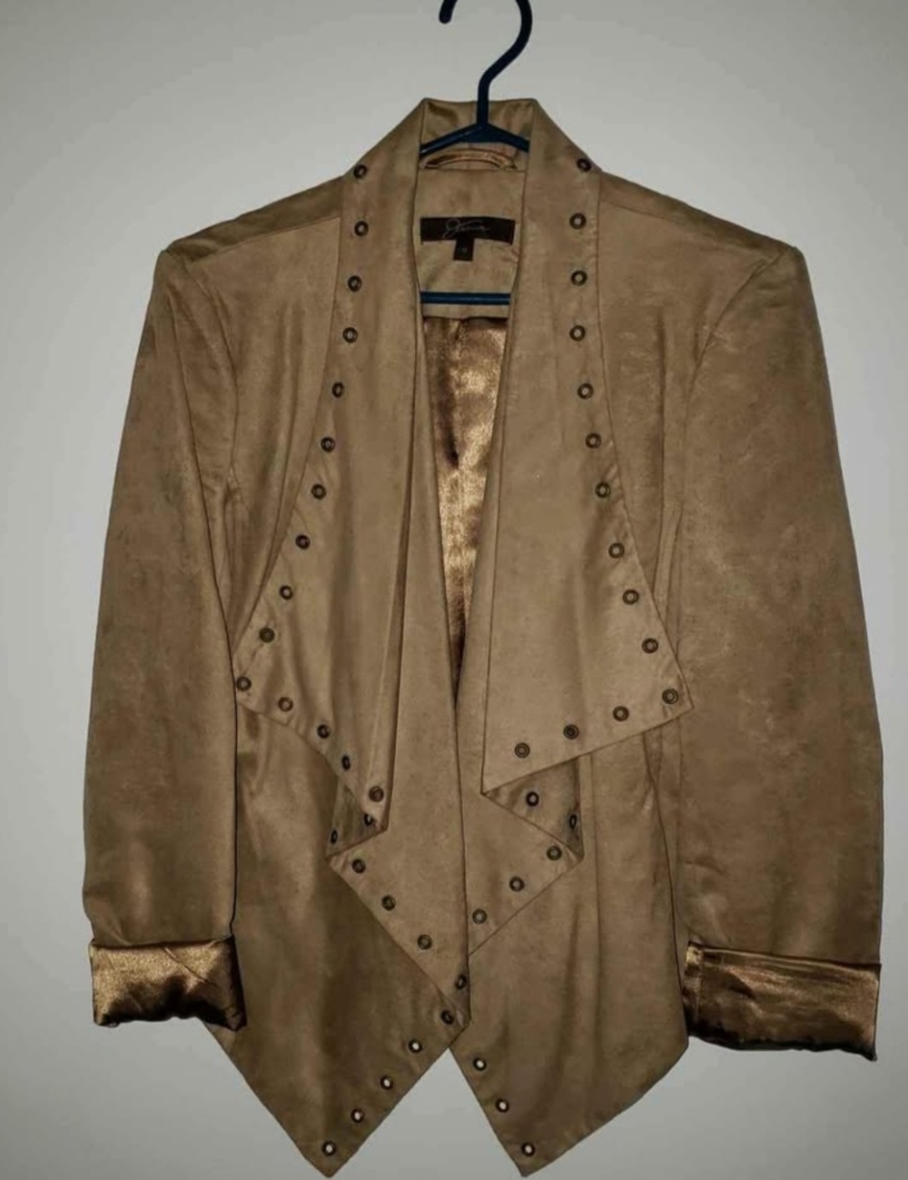 Jessica Tan Draped Suede-Effect Stud Trim Jacket